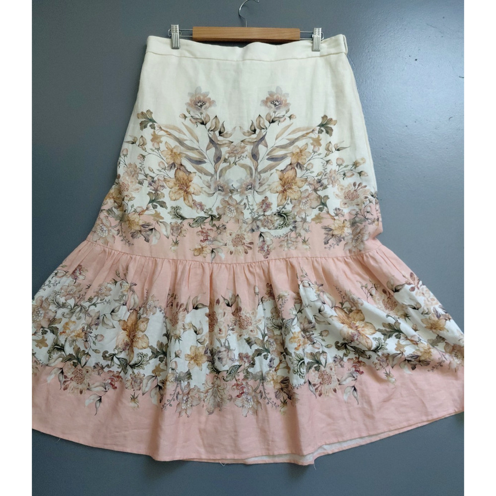 House of Harlow 1960 Boho Floral Midi Skirt LARGE Linen Chintz Tiered Pink Girly - Picture 7 of 15